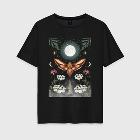Женская футболка хлопок Oversize с принтом Ночь мотылек луна растения мистика в Екатеринбурге, 100% хлопок | свободный крой, круглый ворот, спущенный рукав, длина до линии бедер
 | 