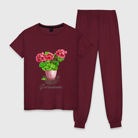 Женская пижама хлопок с принтом Герань в горшке Пеларгония Geranium , 100% хлопок | брюки и футболка прямого кроя, без карманов, на брюках мягкая резинка на поясе и по низу штанин | geranium | ботаника | ботанический | герань | герань в горшке | пеларгония | садоводство | цветоводство | цветок в горшке
