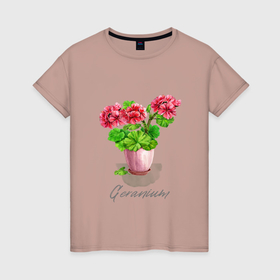 Женская футболка хлопок с принтом Герань в горшке Пеларгония Geranium в Тюмени, 100% хлопок | прямой крой, круглый вырез горловины, длина до линии бедер, слегка спущенное плечо | geranium | ботаника | ботанический | герань | герань в горшке | пеларгония | садоводство | цветоводство | цветок в горшке