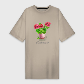 Платье-футболка хлопок с принтом Герань в горшке Пеларгония Geranium ,  |  | geranium | ботаника | ботанический | герань | герань в горшке | пеларгония | садоводство | цветоводство | цветок в горшке