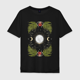 Мужская футболка хлопок Oversize с принтом Ночь луна папоротник грибы мистика в Тюмени, 100% хлопок | свободный крой, круглый ворот, “спинка” длиннее передней части | грибы | листья папоротника | луна | магия | месяц | мистика | мухоморы | ночь | папоротник | фазы луны | эзотерика