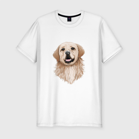 Мужская футболка хлопок Slim с принтом ДОБРОДУШНАЯ СОБАКА в Новосибирске, 92% хлопок, 8% лайкра | приталенный силуэт, круглый вырез ворота, длина до линии бедра, короткий рукав | домашнее животное | животное | забавный | лабрадор | лапа | любитель собак | милый | модный | собака | щенок