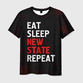 Мужская футболка 3D с принтом Eat Sleep New State Repeat   Потертости в Петрозаводске, 100% полиэфир | прямой крой, круглый вырез горловины, длина до линии бедер | Тематика изображения на принте: battlegrounds | eat sleep new state repeat | logo | pubg | батлграунт | гранж | игра | игры | лого | логотип | пабг | символ