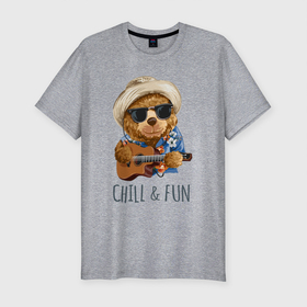 Мужская футболка хлопок Slim с принтом CHILL  FUN в Екатеринбурге, 92% хлопок, 8% лайкра | приталенный силуэт, круглый вырез ворота, длина до линии бедра, короткий рукав | art | bear | chill | drawing | guitar | hat | арт | гитара | медведь | мишка | очки | рисунок | чил | шляпа