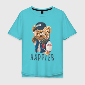 Мужская футболка хлопок Oversize с принтом ENJOY HAPPIER в Кировске, 100% хлопок | свободный крой, круглый ворот, “спинка” длиннее передней части | art | bear | bear in a bomber jacket | cool bear | drawing | headphones | арт | крутой мишка | медведь | мишка | мишка в бомбере | наушники | очки | рисунок