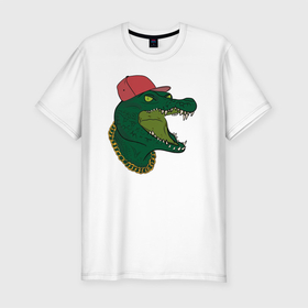 Мужская футболка хлопок Slim с принтом Крокодил рэпер в Санкт-Петербурге, 92% хлопок, 8% лайкра | приталенный силуэт, круглый вырез ворота, длина до линии бедра, короткий рукав | алигатор | аллигатор | генгста | крокодил | рэп | рэпер | хип | хоп | цепь