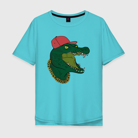 Мужская футболка хлопок Oversize с принтом Крокодил рэпер в Новосибирске, 100% хлопок | свободный крой, круглый ворот, “спинка” длиннее передней части | алигатор | аллигатор | генгста | крокодил | рэп | рэпер | хип | хоп | цепь
