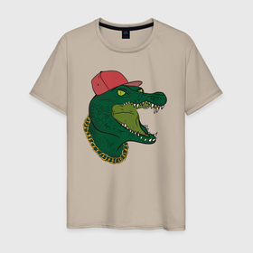 Мужская футболка хлопок с принтом Крокодил рэпер в Екатеринбурге, 100% хлопок | прямой крой, круглый вырез горловины, длина до линии бедер, слегка спущенное плечо. | алигатор | аллигатор | генгста | крокодил | рэп | рэпер | хип | хоп | цепь