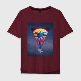 Мужская футболка хлопок Oversize с принтом Тропический космос в Курске, 100% хлопок | свободный крой, круглый ворот, “спинка” длиннее передней части | Тематика изображения на принте: 80 ые | закат | космос | неон | пальма | тропики