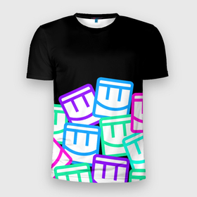 Мужская футболка 3D Slim с принтом Разноцветные лого REC ROOM в Курске, 100% полиэстер с улучшенными характеристиками | приталенный силуэт, круглая горловина, широкие плечи, сужается к линии бедра | game | rec room | smile | vr | vr game | виар | виртуальная реальность | игры виар | рек рум | рекрум | смайлик