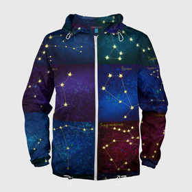 Мужская ветровка 3D с принтом Созвездия Северного полушария летом в Петрозаводске, 100% полиэстер | подол и капюшон оформлены резинкой с фиксаторами, два кармана без застежек по бокам, один потайной карман на груди | Тематика изображения на принте: constellations | galaxy | stars | вселенная | звезды | небо | ночное | полушарие | северное | созвездия