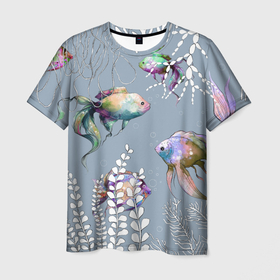 Мужская футболка 3D с принтом Разноцветные акварельные рыбки и белые  водоросли в Белгороде, 100% полиэфир | прямой крой, круглый вырез горловины, длина до линии бедер | акварельные рыбки | аквариум | аквариумные рыбки | аквариумные рыбы | белые водоросли | в море | водоросли | морские жители | морские рыбки | морской принт | разноцветные рыбки | рыбки | рыбы