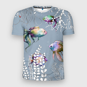 Мужская футболка 3D Slim с принтом Разноцветные акварельные рыбки и белые  водоросли в Петрозаводске, 100% полиэстер с улучшенными характеристиками | приталенный силуэт, круглая горловина, широкие плечи, сужается к линии бедра | Тематика изображения на принте: акварельные рыбки | аквариум | аквариумные рыбки | аквариумные рыбы | белые водоросли | в море | водоросли | морские жители | морские рыбки | морской принт | разноцветные рыбки | рыбки | рыбы