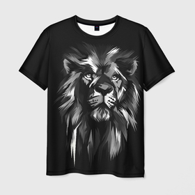 Мужская футболка 3D с принтом Голова льва в черно белом изображении , 100% полиэфир | прямой крой, круглый вырез горловины, длина до линии бедер | голова льва | животное | кошка | лев | хишник | царь зверей