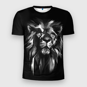 Мужская футболка 3D Slim с принтом Голова льва в черно белом изображении в Екатеринбурге, 100% полиэстер с улучшенными характеристиками | приталенный силуэт, круглая горловина, широкие плечи, сужается к линии бедра | Тематика изображения на принте: голова льва | животное | кошка | лев | хишник | царь зверей