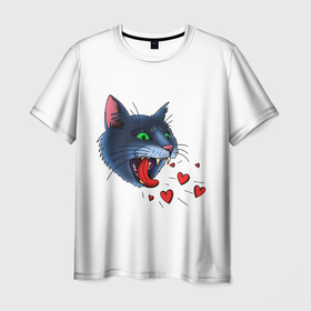 Мужская футболка 3D с принтом Cat love meow в Кировске, 100% полиэфир | прямой крой, круглый вырез горловины, длина до линии бедер | cat | love | голова | животное | злой | киса | кот | кошачьи | кошка | любовь | мяу | рык | сердце | странное | тату