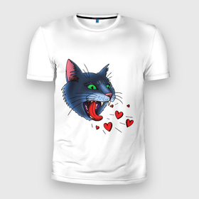 Мужская футболка 3D Slim с принтом Cat love meow в Петрозаводске, 100% полиэстер с улучшенными характеристиками | приталенный силуэт, круглая горловина, широкие плечи, сужается к линии бедра | Тематика изображения на принте: cat | love | голова | животное | злой | киса | кот | кошачьи | кошка | любовь | мяу | рык | сердце | странное | тату