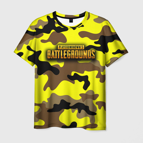 Мужская футболка 3D с принтом PlayerUnknowns Battlegrounds | Камуфляж Жёлто Коричневый в Белгороде, 100% полиэфир | прямой крой, круглый вырез горловины, длина до линии бедер | battlegrounds | brown | camo | camouflage | playerunknowns | playerunknownsbattlegrounds | pubg | yellow | жёлтый | камуфляж | коричневый | пубг