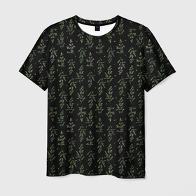 Мужская футболка 3D с принтом Зеленая трава мятлик на черном фоне растительный принт , 100% полиэфир | прямой крой, круглый вырез горловины, длина до линии бедер | Тематика изображения на принте: зеленые листья | листья | мятлик | растения | растительный