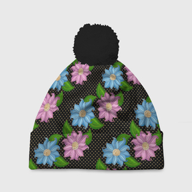 Шапка 3D c помпоном с принтом FLOWERS BLACK в Ханты-Майнсийске, 100% полиэстер | универсальный размер, печать по всей поверхности изделия | abstract | flowers | абстракция | геометрия | линии | паттерн | текстура | узор | узоры | цветочки | цветы