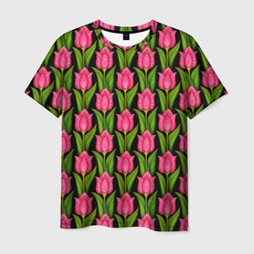 Мужская футболка 3D с принтом Красные тюльпаны на черном фоне в Тюмени, 100% полиэфир | прямой крой, круглый вырез горловины, длина до линии бедер | Тематика изображения на принте: abstract | абстракция | паттерн | текстура | тюльпаны | узор | узоры | цветы