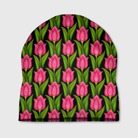 Шапка 3D с принтом Красные тюльпаны на черном фоне в Тюмени, 100% полиэстер | универсальный размер, печать по всей поверхности изделия | abstract | абстракция | паттерн | текстура | тюльпаны | узор | узоры | цветы