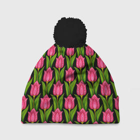 Шапка 3D c помпоном с принтом Красные тюльпаны на черном фоне в Тюмени, 100% полиэстер | универсальный размер, печать по всей поверхности изделия | abstract | абстракция | паттерн | текстура | тюльпаны | узор | узоры | цветы