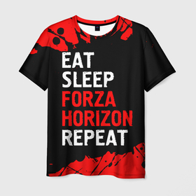 Мужская футболка 3D с принтом Eat Sleep Forza Horizon Repeat | Краска в Тюмени, 100% полиэфир | прямой крой, круглый вырез горловины, длина до линии бедер | eat sleep forza horizon repeat | forza | horizon | logo | paint | брызги | игра | игры | краска | лого | логотип | символ | форза | хорайзон