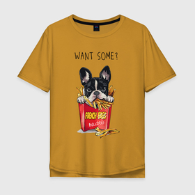 Мужская футболка хлопок Oversize с принтом БУЛЬДОГ В КАРТОШКЕ ФРИ , 100% хлопок | свободный крой, круглый ворот, “спинка” длиннее передней части | art | bulldog | dog | doggie | drawing | french fries | арт | бульдог | картошка фри | пес | песик | рисунок | собака