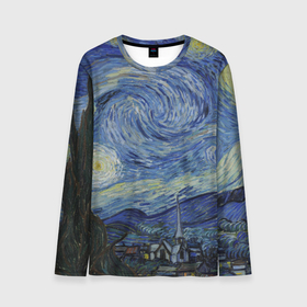 Мужской лонгслив 3D с принтом Звездная ночь Ван Гога в Белгороде, 100% полиэстер | длинные рукава, круглый вырез горловины, полуприлегающий силуэт | van gogh | ван гог | винсест ван гог | звездопад | звезды | картина | млечный путь | небо | синее | синий | синяя | солнце