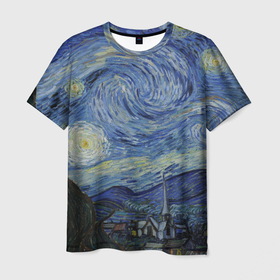 Мужская футболка 3D с принтом Звездная ночь Ван Гога в Санкт-Петербурге, 100% полиэфир | прямой крой, круглый вырез горловины, длина до линии бедер | van gogh | ван гог | винсест ван гог | звездопад | звезды | картина | млечный путь | небо | синее | синий | синяя | солнце