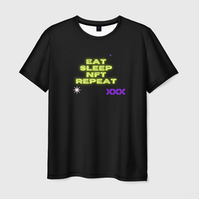 Мужская футболка 3D с принтом Eat, sleep, nft, repeat, неоновый текст в Кировске, 100% полиэфир | прямой крой, круглый вырез горловины, длина до линии бедер | neon | nft | геометрия | глитч | звезды | иероглифы | неон | неоновые иероглифы | неоновый дизайн | неоновый текст | штрихкод