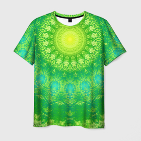 Мужская футболка 3D с принтом Желто зеленая мандала в Курске, 100% полиэфир | прямой крой, круглый вырез горловины, длина до линии бедер | Тематика изображения на принте: желтый | зеленый | калейдоскоп | модный | орнамент | салатовый | современный