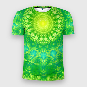 Мужская футболка 3D Slim с принтом Желто зеленая мандала в Тюмени, 100% полиэстер с улучшенными характеристиками | приталенный силуэт, круглая горловина, широкие плечи, сужается к линии бедра | желтый | зеленый | калейдоскоп | модный | орнамент | салатовый | современный