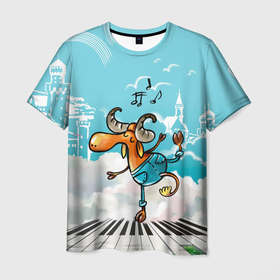Мужская футболка 3D с принтом Музыкальная лось в Новосибирске, 100% полиэфир | прямой крой, круглый вырез горловины, длина до линии бедер | козерог | лосенок | лось | музыка | музыкальный | овен