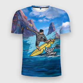 Мужская футболка 3D Slim с принтом Серфинг Surf в Тюмени, 100% полиэстер с улучшенными характеристиками | приталенный силуэт, круглая горловина, широкие плечи, сужается к линии бедра | волны | доска | море | пляж | серфинг