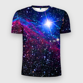 Мужская футболка 3D Slim с принтом Открытый космос   Star   Neon в Кировске, 100% полиэстер с улучшенными характеристиками | приталенный силуэт, круглая горловина, широкие плечи, сужается к линии бедра | Тематика изображения на принте: cosmos | neon | space | star | звезда | космос | неон | пространство