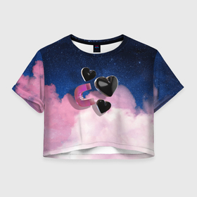 Женская футболка Crop-top 3D с принтом Star Hearts 3D в Санкт-Петербурге, 100% полиэстер | круглая горловина, длина футболки до линии талии, рукава с отворотами | 3d | heart | space | star | звездный | космос | сердце