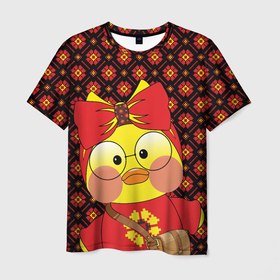 Мужская футболка 3D с принтом Лалафанфан в красном в Петрозаводске, 100% полиэфир | прямой крой, круглый вырез горловины, длина до линии бедер | lalafanfan duck | игрушка | лалафанфан | орнамент | птица | узор | утка | уточка