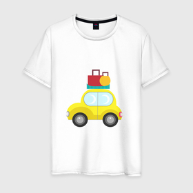 Мужская футболка хлопок с принтом Желтый автомобиль Жук с разноцветными чемоданами на крыше в Тюмени, 100% хлопок | прямой крой, круглый вырез горловины, длина до линии бедер, слегка спущенное плечо. | volkswagen | автомобиль | желтаямашина | жук | каникулы | машина | отпуск | поездка | путешествие | фольцваген | шины