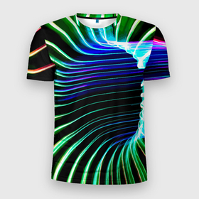 Мужская футболка 3D Slim с принтом Portal   Fashion pattern   Neon в Новосибирске, 100% полиэстер с улучшенными характеристиками | приталенный силуэт, круглая горловина, широкие плечи, сужается к линии бедра | color | fashion | neon | pattern | portal | мода | неон | портал | узор | цвет