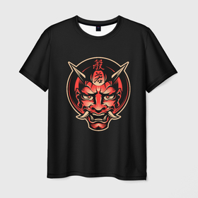 Мужская футболка 3D с принтом Красная Маска Они в Санкт-Петербурге, 100% полиэфир | прямой крой, круглый вырез горловины, длина до линии бедер | culture | demon | devil | fangs | hieroglyphs | horns | japan | japanese | monster | oni | гало | демон | дьявол | закат | иероглифы | клыки | красная | красный | культура | маска | монстр | они | рога | чудовище | япония | японская