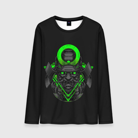 Мужской лонгслив 3D с принтом Неоновый Они Самурай в Екатеринбурге, 100% полиэстер | длинные рукава, круглый вырез горловины, полуприлегающий силуэт | cyber | cyberpunk | demon | devil | fangs | green | halo | horns | mask | mecha | monster | neon | oni | samurai | shogun | гало | демон | дьявол | зеленый | кибер | киберпанк | клыки | маска | меха | монстр | неон | неоновый | они | рога | самурай | сегу