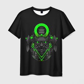 Мужская футболка 3D с принтом Неоновый Они Самурай , 100% полиэфир | прямой крой, круглый вырез горловины, длина до линии бедер | cyber | cyberpunk | demon | devil | fangs | green | halo | horns | mask | mecha | monster | neon | oni | samurai | shogun | гало | демон | дьявол | зеленый | кибер | киберпанк | клыки | маска | меха | монстр | неон | неоновый | они | рога | самурай | сегу