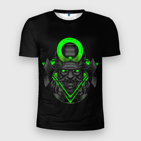 Мужская футболка 3D Slim с принтом Неоновый Они Самурай в Екатеринбурге, 100% полиэстер с улучшенными характеристиками | приталенный силуэт, круглая горловина, широкие плечи, сужается к линии бедра | Тематика изображения на принте: cyber | cyberpunk | demon | devil | fangs | green | halo | horns | mask | mecha | monster | neon | oni | samurai | shogun | гало | демон | дьявол | зеленый | кибер | киберпанк | клыки | маска | меха | монстр | неон | неоновый | они | рога | самурай | сегу