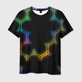 Мужская футболка 3D с принтом Геометрический узор   Neon в Петрозаводске, 100% полиэфир | прямой крой, круглый вырез горловины, длина до линии бедер | Тематика изображения на принте: cell | color | fashion | neon | pattern | мода | неон | соты | узор | цвет