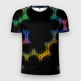 Мужская футболка 3D Slim с принтом Геометрический узор   Neon , 100% полиэстер с улучшенными характеристиками | приталенный силуэт, круглая горловина, широкие плечи, сужается к линии бедра | cell | color | fashion | neon | pattern | мода | неон | соты | узор | цвет