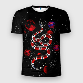Мужская футболка 3D Slim с принтом Змея в Красном Космосе Space Snake , 100% полиэстер с улучшенными характеристиками | приталенный силуэт, круглая горловина, широкие плечи, сужается к линии бедра | cobra | mars | red | snake | star | гуси | животные | звезда | зверь | змея | кобра | марс | планета | чешуя