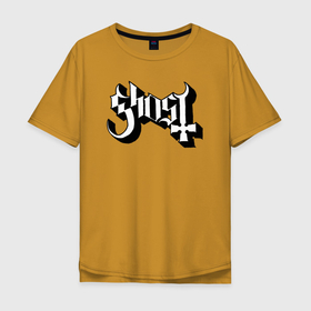 Мужская футболка хлопок Oversize с принтом Ghost band logo , 100% хлопок | свободный крой, круглый ворот, “спинка” длиннее передней части | ghost | logo | nameless ghouls | papa emeritus | rock | tobias forge | безымянные упыри | дух | лого | оборотни | папа эмерит | призрак | рок | тобиас форге