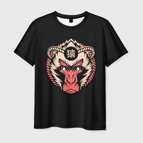 Мужская футболка 3D с принтом Символ обезьяны в Санкт-Петербурге, 100% полиэфир | прямой крой, круглый вырез горловины, длина до линии бедер | eyes | hieroglyphs | macaque | macaques | monkey | monkeys | red | symbol | white | белые | белый | глаза | иероглифы | красный | макаки | обезьяна | обезьяны | символ